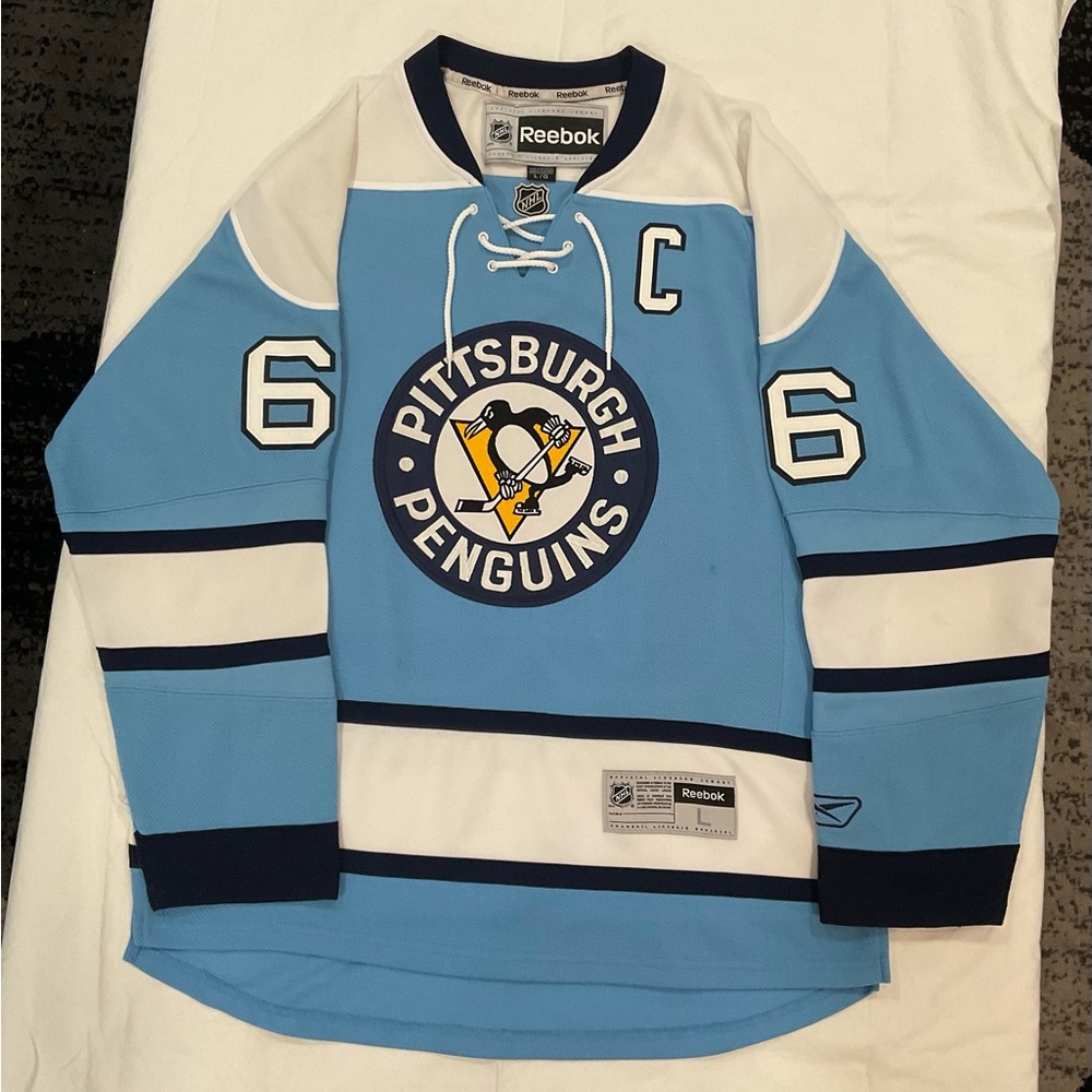 Reebok Blue 2008 winter classic Mario Lemieux #66 sewn jersey size Large